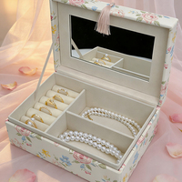 Boîte de rangement pour bijoux de voyage, rectangulaire, en coton imprimé floral, extérieur en PU, taille personnalisée, avec poignée élégante à pompon doré