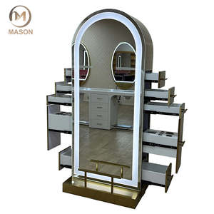 Estación de espejo de barbero LED de doble cara Diseño de arco de madera con iluminación impermeable ajustable, muebles de estilo de salón Premium - Product Image 1
