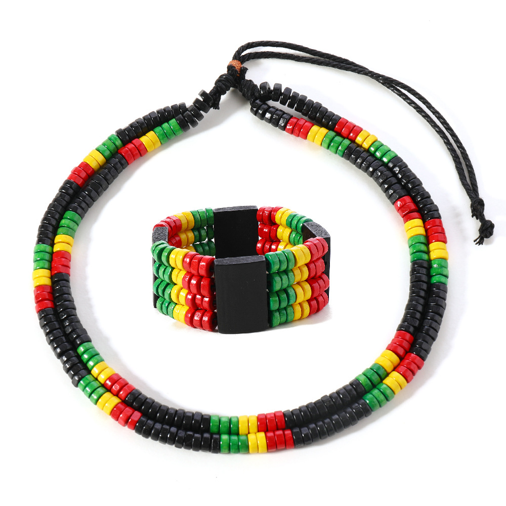 2pcs wooden bead necklace bracelet setA red yellow green black