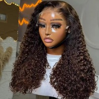 Perruque sans colle 13x4 Lace Front en cheveux humains, bouclée birmane marron chocolat, pré-épilée, Deep Wave, avec frontal HD