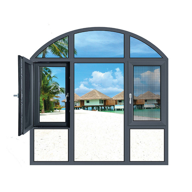 Thermal Break Aluminum Alloy Curved Glass Half Moon Arch Door Windows Grill Modern Horizontal Double Tempered Glass Soundproof