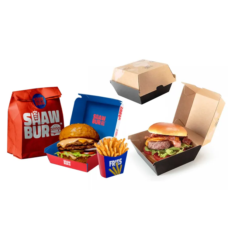 Grosir Clamshell Kentang Goreng Kemasan Burger Kotak Kemasan Makanan Cepat Saji Cetak Kustom Kotak Kertas Kraft Hamburger