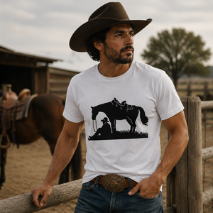 T-shirt à manches courtes pour homme, imprimé cheval cowboy blanc, coupe classique, col rond, jersey en coton - Product Image 1