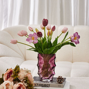 420x320x430mm Home Decor <strong>Table</strong> Centerpiece Realistic Artificial Flowers <strong>Tulip</strong> Bouquet with Textured Glass Vase Set - Product Image 2