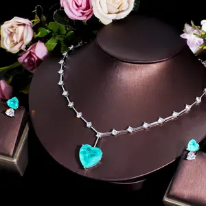 Beautiful Romantic Titanic Large Blue Ocean Love Heart Pendant Necklace and Earrings Bridal Green CZ Jewelry Set for Women Gift