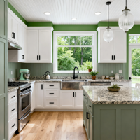 Armoires de cuisine shaker bicolores blanc et vert sauge sur mesure, cuisine moderne de style farmhouse en forme de L avec comptoir en granit
