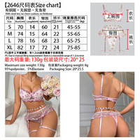 Set Lingerie Wanita Pink dengan Bordir Bunga Kecil, Ruffle Mesh, Bra, Garter Belt, Thong, Hiasan Pita, dan Bahan Transparan untuk Tidur