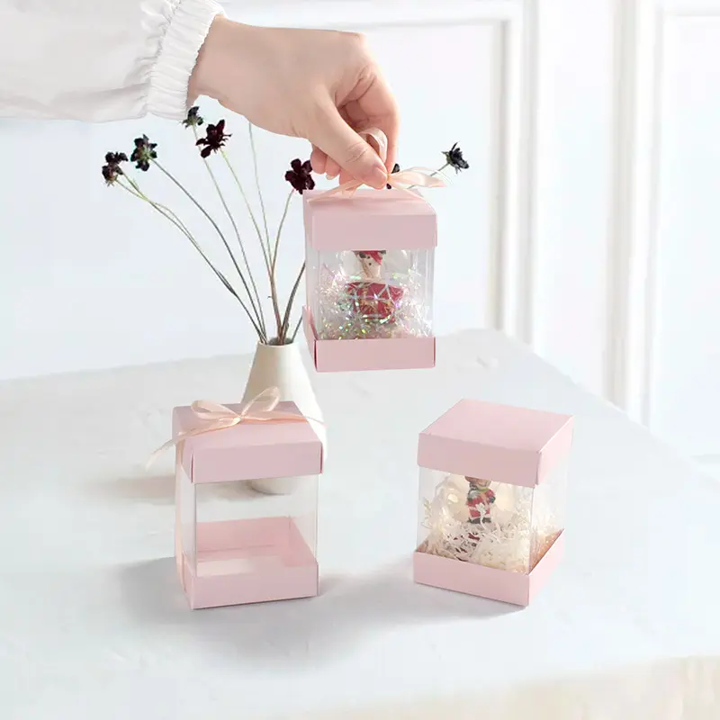 사용자 정의 인쇄 로고 미니 사각형 투명 플라스틱 디스플레이 상자와 활 핑크 작은 귀여운 선물 접는 상자