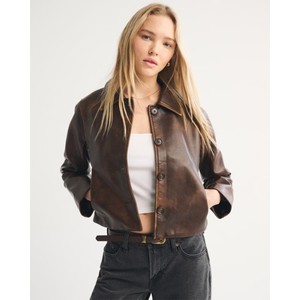 Chaqueta Casual de Cuero PU Marrón de un Solo Pecho para Mujer, Marca LEDUO, para Primavera - Product Image 1