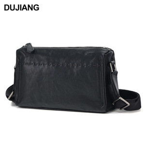Sac bandoulière homme Dujiang en cuir véritable, design horizontal, cuir tanné végétal noir, sac de voyage décontracté - Product Image 5