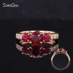 starsgem 10k yellow white rose gold hot sale style three stones colorful lab grown ruby and diamond fanshioin engagement ring