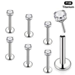 Piercing <span class=keywords><strong>Labret</strong></span> de Titanio Getta Profesional ASTM-F136 16g 18g 20g con Extremo de Disco Plano Doble, Zirconia Cúbica Transparente, Rosca F, Sin Rosca - Product Image 4