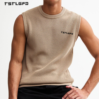 Chaleco Clásico de Punto Acanalado Texturizado para Hombre con Cuello Redondo en Beige Sólido para Venta al por Mayor sin Mangas Estilo Minimalista