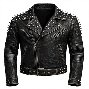 Blouson de moto pour homme style punk en cuir véritable avec rivets, fermeture éclair, ceinture, col montant, coupe ajustée, coupe-vent d'hiver, non-tissé à l'avant - Product Image 1