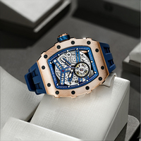 Montre de luxe pour homme à vendre, de haute qualité, boîtier tonneau, mouvement Miyota, cadran squelette, automatique, bracelet en silicone