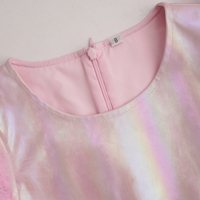 Ropa para Niñas, Vestidos de Verano, Boutique, Vestido de Fiesta para Bebés y Niñas Pequeñas, Color Rosa Iridiscente, Manga Abullonada con Plumas, Cuero Sintético, Venta al Por Mayor