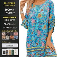 Robe tunique bohème personnalisée à imprimé floral avec franges, manches 3/4 froncées, cache-maillot de plage, tenue de villégiature estivale, vente en gros OEM/ODM