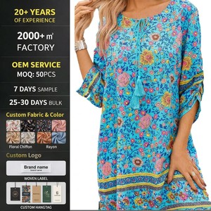 Robe <span class=keywords><strong>tunique</strong></span> bohème personnalisée à imprimé floral avec franges, manches 3/4 froncées, cache-maillot de plage, tenue de villégiature estivale, vente en gros OEM/ODM - Product Image 1