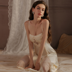 Nouvelle Robe de Nuit Longue en Soie et Dentelle, Couleur Unie, avec Coussinets Poitrine, Patchwork Transparent, Ensemble Robe de Nuit et Peignoir Sexy - Product Image 2