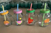 Tasses en verre Mason Jar avec motifs fruités, poignées, couvercles et pailles réutilisables, sans BPA, grande capacité, durables pour boissons froides et smoothies