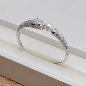 Brazalete Abierto de Plata S925 con Cabeza de Leopardo Semiterminado 1376 para Mujer con Perla, Accesorios de Joyería Personalizables DIY - Product Image 1