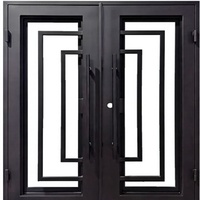 Porte double en fer forgé carrée concentrique de luxe LINCAI |   Porte d'entrée de villa moderne forgée à la main avec verre symétrique