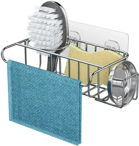 DS1490 Kitchen Sink Organizer Stainless Steel Sink Basket Brush Holder Soap Rack 4 in 1 Adhesive Sink Caddy Sponge Holder