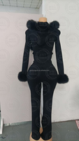 Setelan Olahraga Wanita 2 Potong Rajutan Berbulu Lengan Panjang Jaket Hoodie Resleting Celana Panjang Berhias Huruf dan Rhinestone 2026