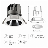 Spot encastré LED 15W anti-éblouissement orientable COB IP54 en aluminium dimmable 90Ra 500lm pour hôtel, bureau, intérieur