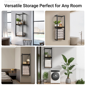 Custom Size Modern Matte Black <b>Wall</b>-<b>Mounted</b> Bathroom Organizer 2 Layer Towel Rack with Wooden <b>Shelf</b> - Product Image 3