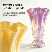 Vase en verre cannelé coloré de 23 cm de haut avec bord festonné ondulé pour la décoration de table à la maison, mariage, fleurs fraîches ou séchées, cadeau