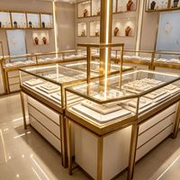 Vitrine à bijoux en or avec éclairage LED et verre, présentoir écologique pour parfums et bijoux pour les magasins de détail