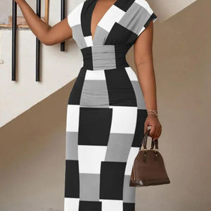 <span class=keywords><strong>Vestido</strong></span> estampado de cadera con bolso con cuello en V simple de primavera y verano para mujer - Product Image 3