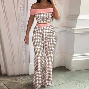 Expédition Rapide – Nouvel <span class=keywords><strong>Ensemble</strong></span> Décontracté Deux Pièces Élégant d'Été pour <span class=keywords><strong>Femme</strong></span> : Haut Imprimé Épaules Dénudées et Pantalon Taille Haute Ample – MOQ 1 - Product Image 1