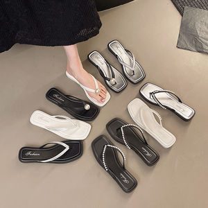 Sandales plates légères d'été pour augmenter la taille, intérieur/extérieur, avec perles brillantes, en toile et PVC, pour femmes - Product Image 2