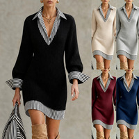 Robe élégante pour femme, nouvelle collection automne/hiver 2026, tricotée, rayée, patchwork, col en V profond, col à revers, pour le commerce transfrontalier