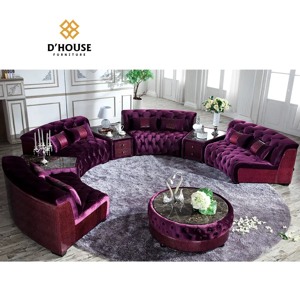 Modernes Design Wohn möbel lila Luxus Samt Stoff zeitgenössischen Schnitt Wohnzimmer runde Lobby Sofa Set