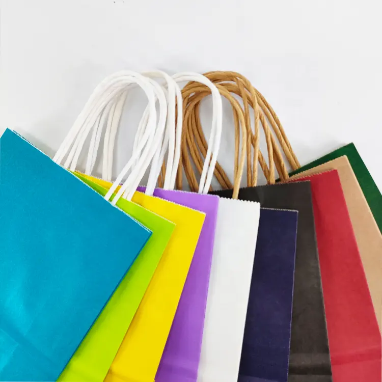 Fashion take out supermarket Assorted bulk packaging kraft paper bag with handle with paper bags for clothes color Christmas