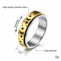 Bague rotative unisexe en acier inoxydable plaqué or rose, motif étoile et lune lumineux, 6 couleurs, 8 tailles, bijou de mode, cadeau, vente en gros