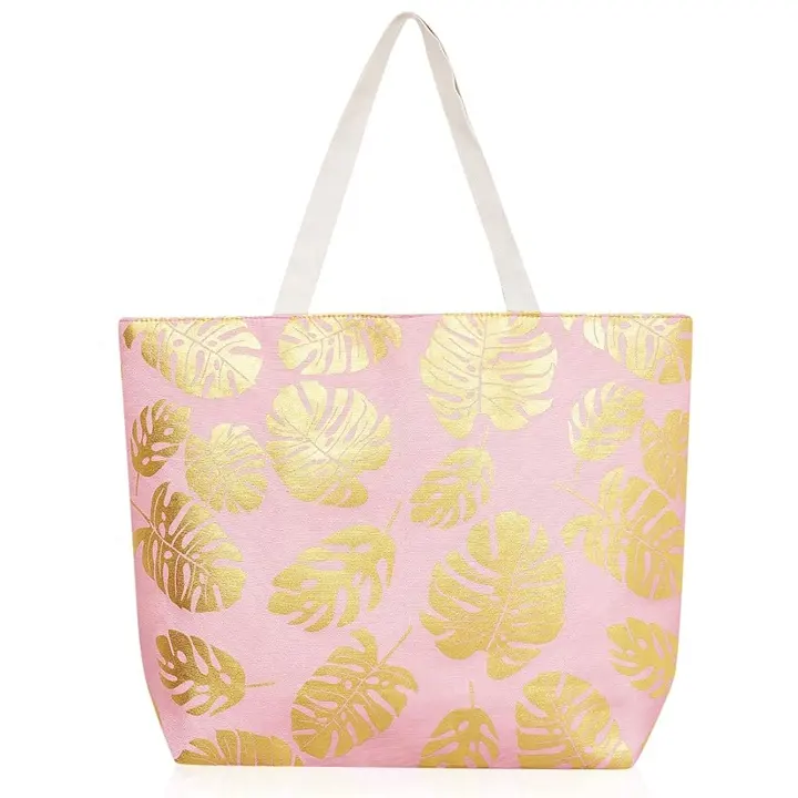 Summer Travel Pineapple Printed Pattern Women Tote Bag Gold Stamping Printing Shopping Canvas Beach Bag With Zipper