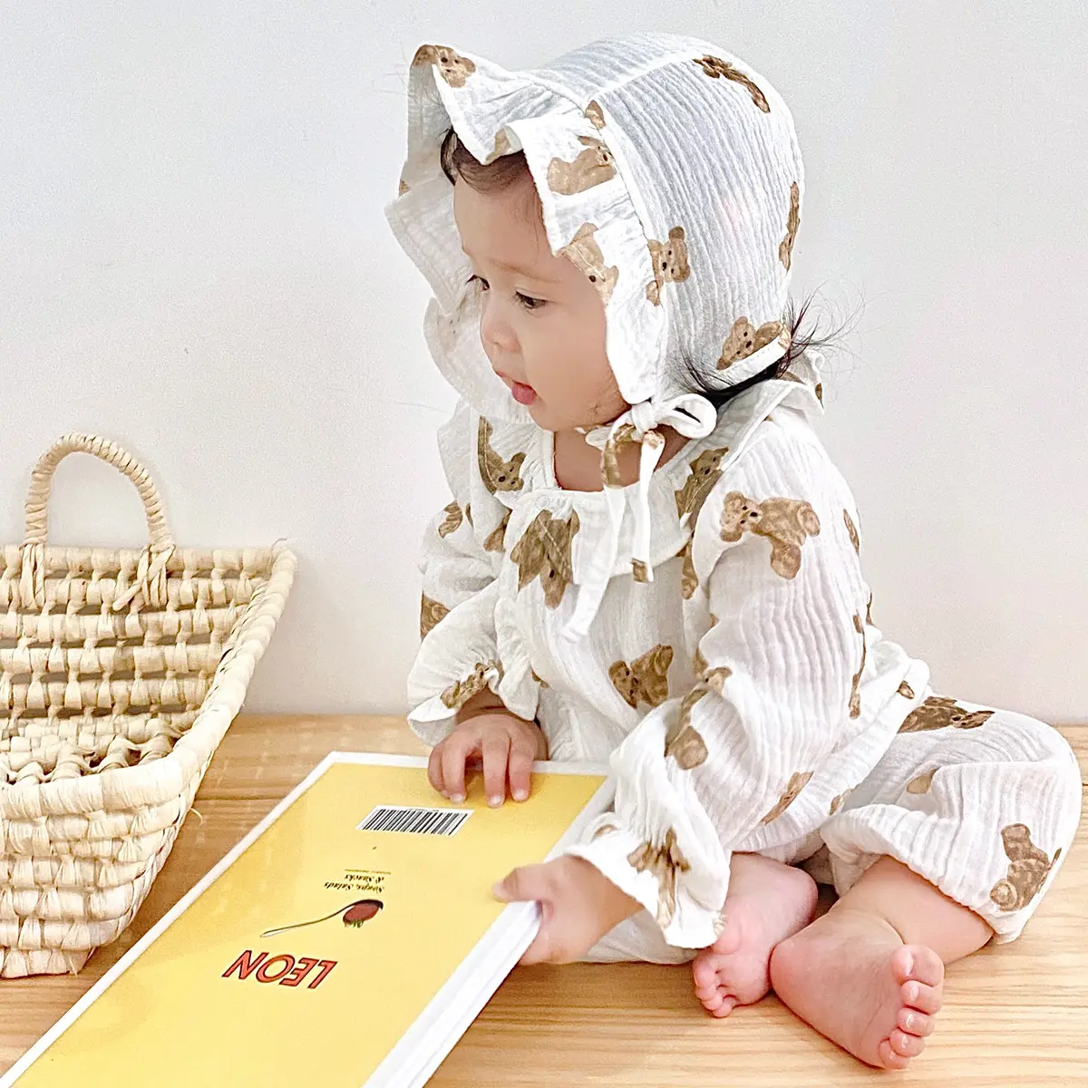 Autumn Winter Newborn Baby Boys Girls Unisex Animal Bear Print Rompers Long Sleeve Cute Toddler Clothes with Hat