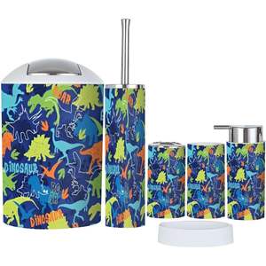Juego de accesorios de baño de 6 piezas con patrón brillante Estampado de dinosaurio colorido Acabado de Superficie cepillada Grunge azul Decoración para el hogar Stock - Product Image 1