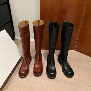 Botas de mujer hasta la rodilla con punta redonda, tacón grueso, cremallera lateral, botas casuales de moda para damas, botas que combinan con todo, estilo streetwear. - Product Image 3