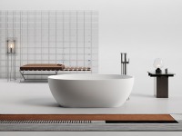 Baignoire autoportante en pierre artificielle, finition mate, forme d'œuf arrondie, baignoire de luxe pour la maison, l'hôtel, la villa, la salle de bain