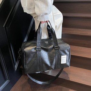 Black PU Waterproof Travel Duffel <b>Bag</b>, Large Capacity <b>Weekender</b> Gym Overnight Tote <b>Bag</b> <b>with</b> <b>Shoe</b> <b>Compartment</b> - Product Image 3