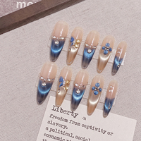 Faible MOQ, Logo personnalisé, Ongles en amande œil de chat bleu champagne, 10 pièces, Dégradé rose nude, Nœud, Fleur 3D, Goutte d'eau, Strass, Perle