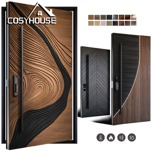 Puerta frontal moderna minimalista de aluminio COSYHOUSE con cerradura inteligente y acabado con textura de madera para casa contemporánea - Product Image 4