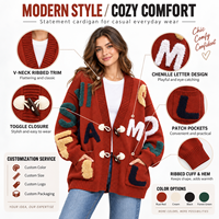 Damen Herbst Casual Einreihiger Terylene Strick-Cardigan mit Logo vorne, V-Ausschnitt, Hornknöpfen, lockerer Passform, knitterarm