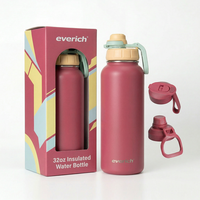 Bouteille d'eau sport isotherme en acier inoxydable à double paroi de 1 litre (32 oz) avec paille, nouveau design, large ouverture, personnalisable avec logo pour le camping