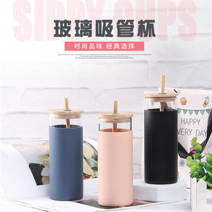 Vaso de vidrio con tapa de bambú y pajita, funda de silicona resistente al calor, taza de viaje en varios colores - Product Image 3
